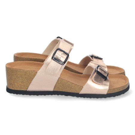 Sandalias de cuña bio y hebilla mujer color champán M-220