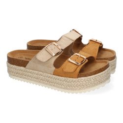 Sandalias planas de plataforma en yute para mujer comodas color kaki M-239