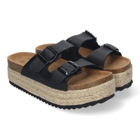 Sandalias planas de plataforma en yute para mujer comodas color negro M-239