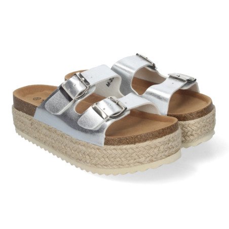 Sandalias plateadas planas de plataforma en yute para mujer comodas M-239