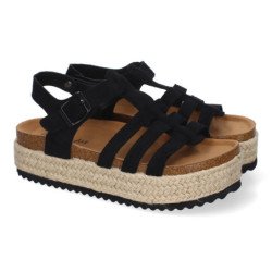 Sandalias planas en yute tiras en pala para mujer negro M-260