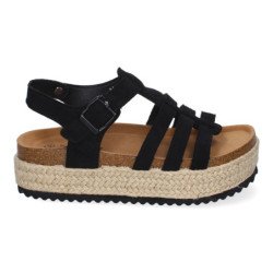Sandalias planas en yute tiras en pala para mujer negro M-260