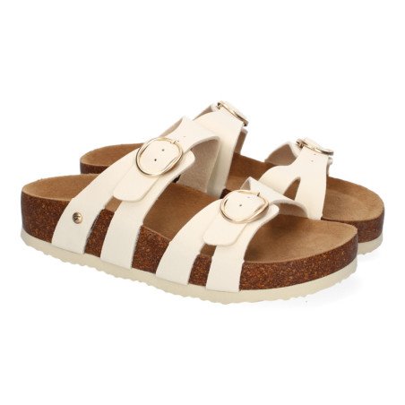 Sandalias planas material bio comoda doble hebilla mujer color beige M-286