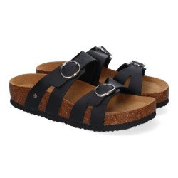 Sandalias planas material bio comoda doble hebilla mujer color negro M-286