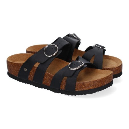Sandalias planas material bio comoda doble hebilla mujer color negro M-286