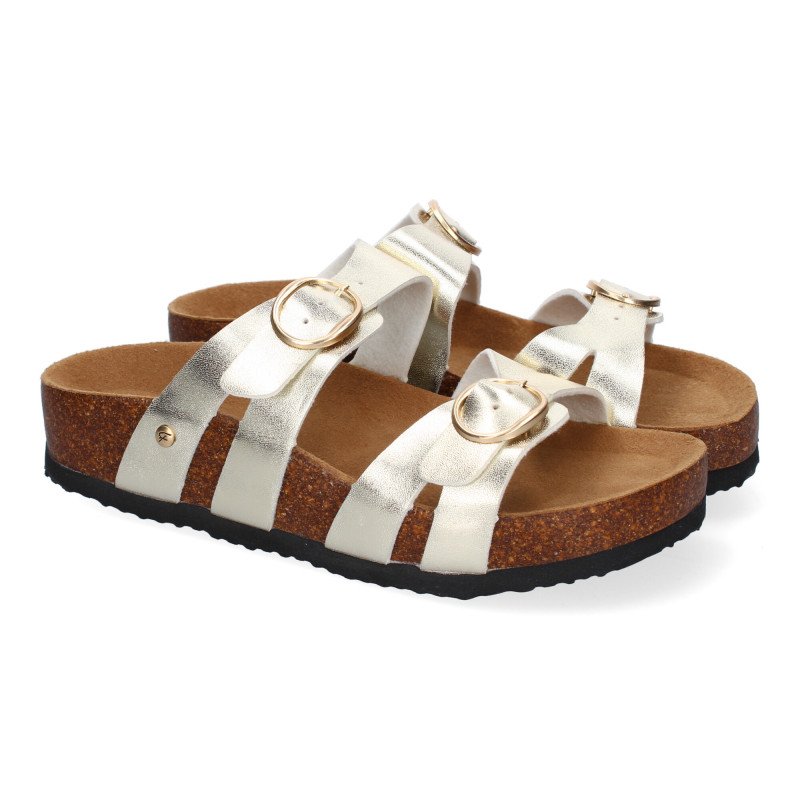 Sandalias doradas planas material bio comoda doble hebilla mujer M-286