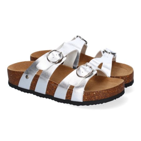 Sandalias plateadas planas material bio comoda doble hebilla mujer M-286