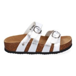 Sandalias plateadas planas material bio comoda doble hebilla mujer M-286