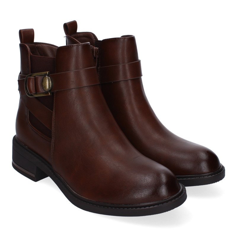 Botines de tacón bajo elegantes hebilla para mujer color marrón RD815