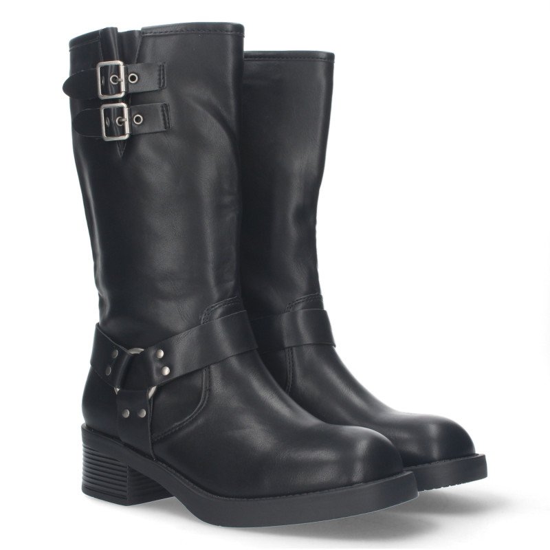 Botas altas planas estilo moteras biker para mujer color negro