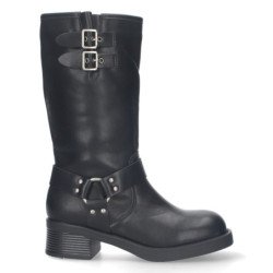 Botas altas planas estilo moteras biker para mujer color negro