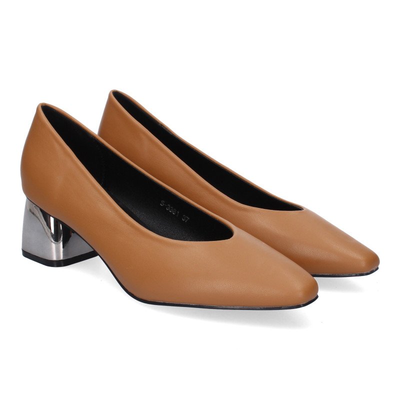 Zapatos de salón elegantes tacón bajo mujer color camel S-3381