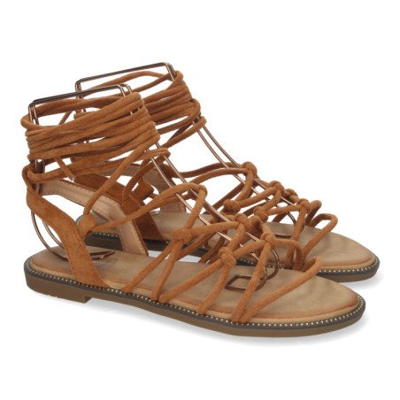 Sandalias planas cómodas lazos trenzados para mujer color camel TF3107