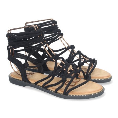 Sandalias planas cómodas lazos trenzados para mujer color negro TF3107