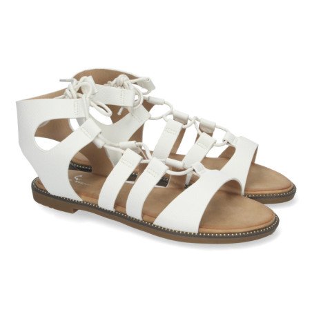 Sandalias planas cómodas elegantes cierre con cordones para mujer color blanco TF3110