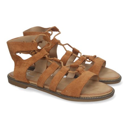 Sandalias planas cómodas elegantes cierre con cordones para mujer color camel TF3110