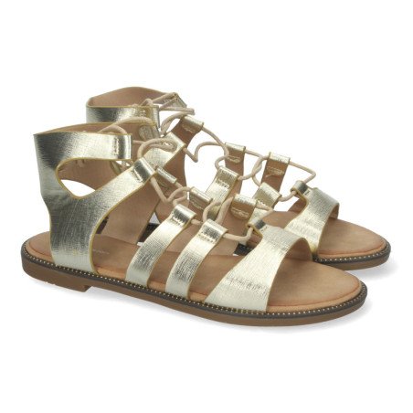Sandalias doradas planas cómodas elegantes cierre con cordones para mujer TF3110