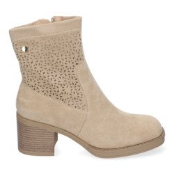 Botines de tacón bajo calados color beige punta redonda mujer VR001