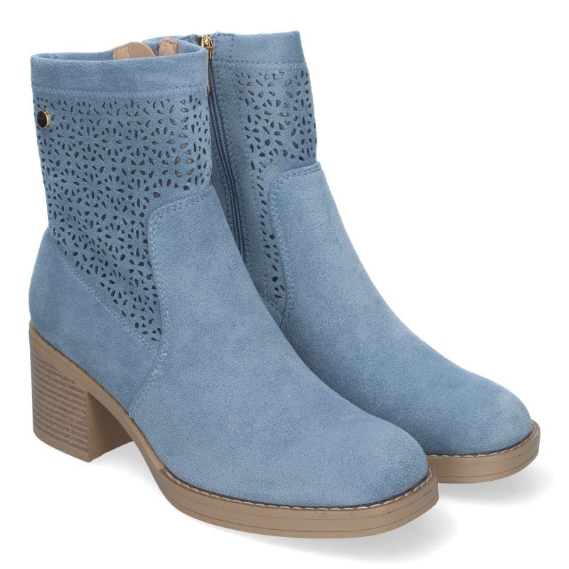 Botines de tacón bajo calados color jeans punta redonda mujer VR001