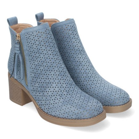 Botines de tacón bajo calados color jeans para mujer VR002