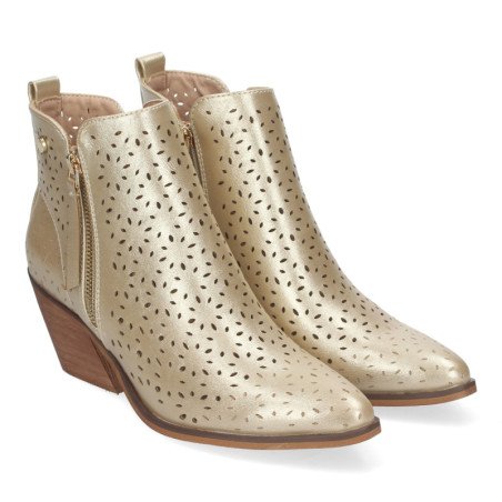 Botines dorados de tacón cómodo calados para mujer VR003