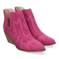 Botines de tacón bajo calados cómodos color fucsia para mujer VR004