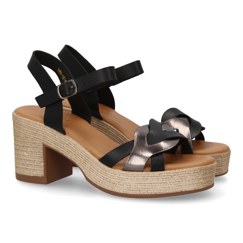 Sandalias de plataforma y tacón en yute para mujer color negro VR5-1614