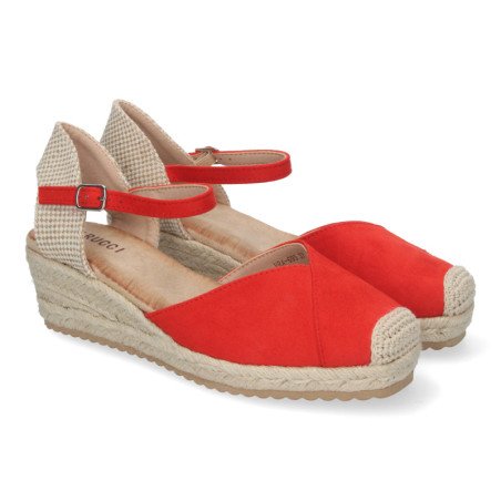 Sandalias de cuña baja en yute para mujer color rojo VRA-695