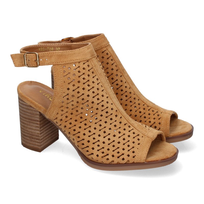 Sandalias de tacón cómodo diseño calado para mujer color cuero VRA-786