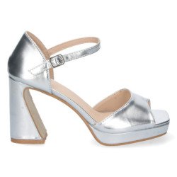Sandalias plateadas de vestir de tacón y mini plataforma mujer