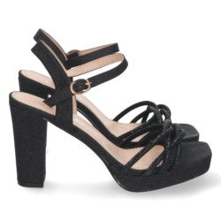 Sandalias de vestir de tacón ancho material brillo mujer color negro