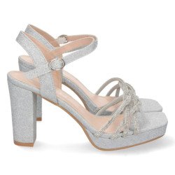 Sandalias color plata de vestir de tacón ancho material brillo mujer