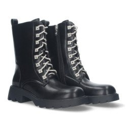 Botas militares suela track cordones strass y cremallera mujer color negro
