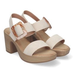 Sandalias de tacón y plataforma para mujer hebilla nacarada color beige XFH-785
