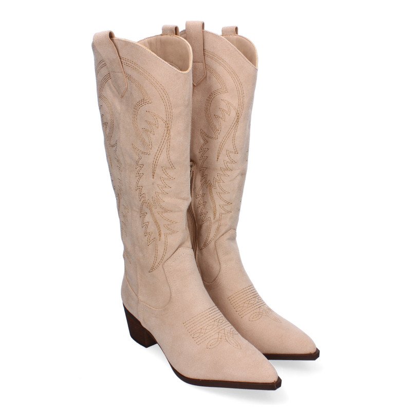 Botas camperas tacón medio cómodo estilo cowboy para mujer color beige YG713