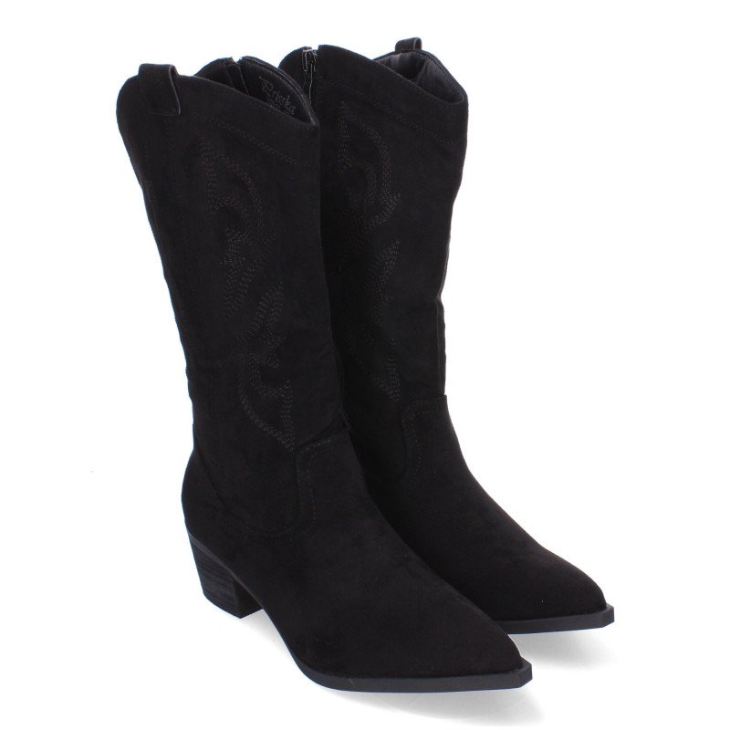 Botas camperas para mujer bordada tacón bajo cómodo negro YG810