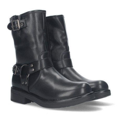 Botines Moteros de Diseño Liso con Tacon Bajo Adorno al Tono