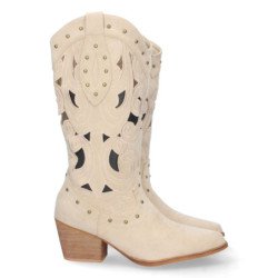 Botas altas tacon campero y calados mujer color beige