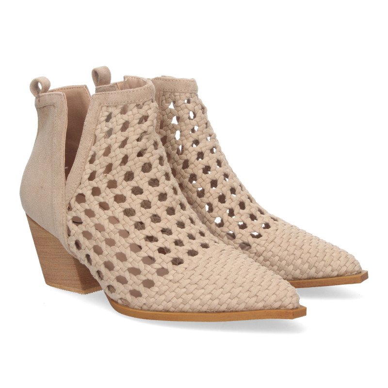 Botines de tacón cómodos estilo calado entrelazado mujer beige YZ23-110B