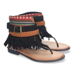 Sandalias planas esclavas con flecos para mujer color negro YZ23-111