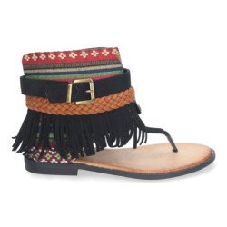 Sandalias planas esclavas con flecos para mujer color negro YZ23-111