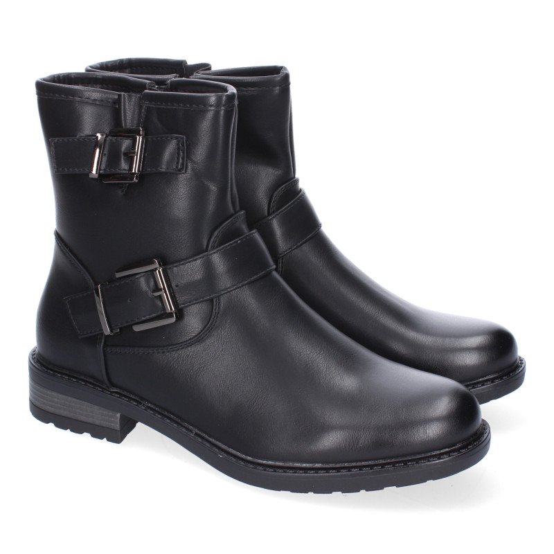 Botines estilo motero hebilla tacón bajo para mujer color negro YZ24-001