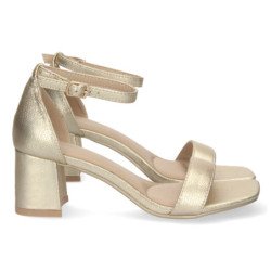 Sandalias doradas tacón bajo para fiesta hebilla