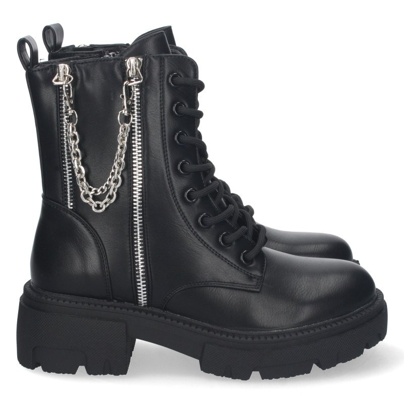 Botin militar negro con cordones y cremallera detalle cadena mujer