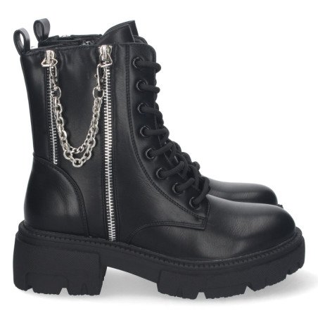 Botin militar negro con cordones y cremallera detalle cadena mujer