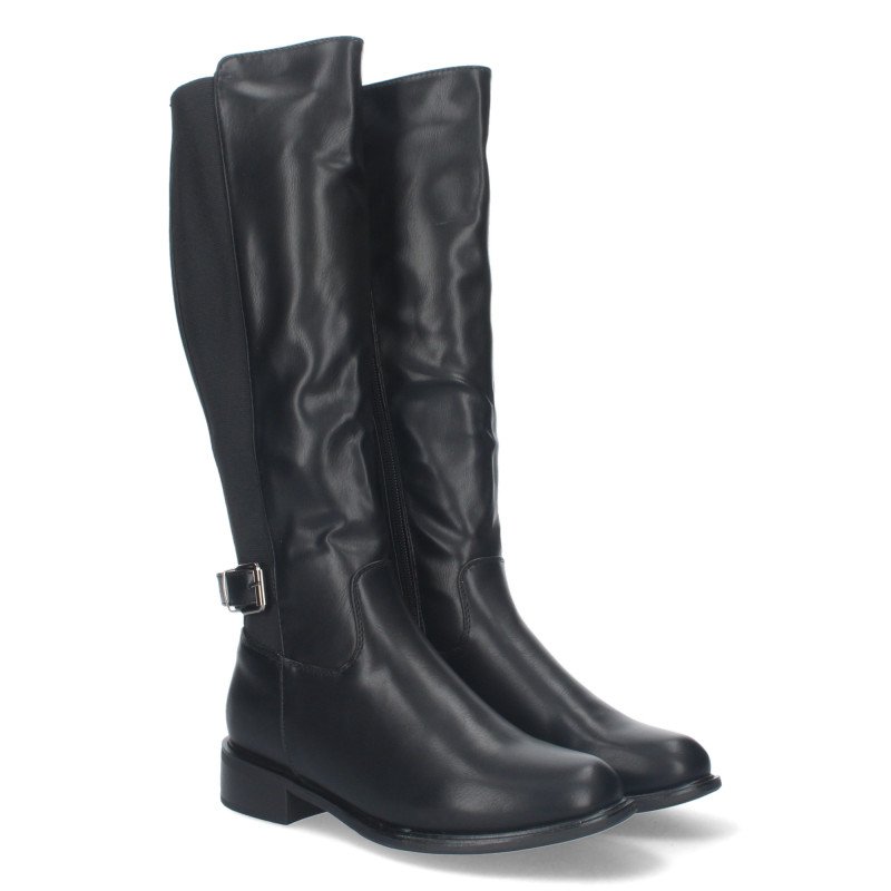 Botas altas negras de tacón bajo correa y hebilla para mujer ZS-92