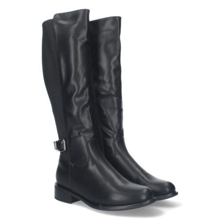 Botas altas negras de tacón bajo correa y hebilla para mujer ZS-92