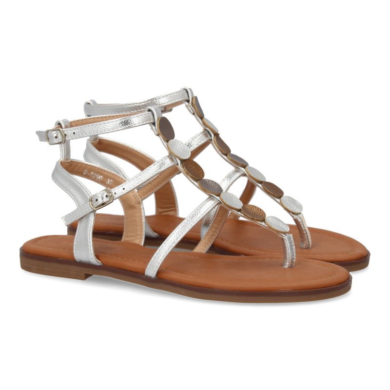 Sandalias plateadas planas comodas para mujer W-5290