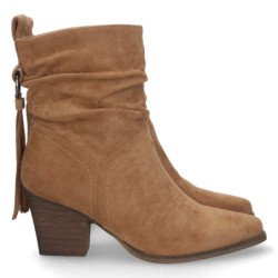 Botines tacón medio con flecos punta fina mujer color camel