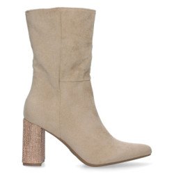 Botines con tacon medio de strass y punta fina mujer color beige